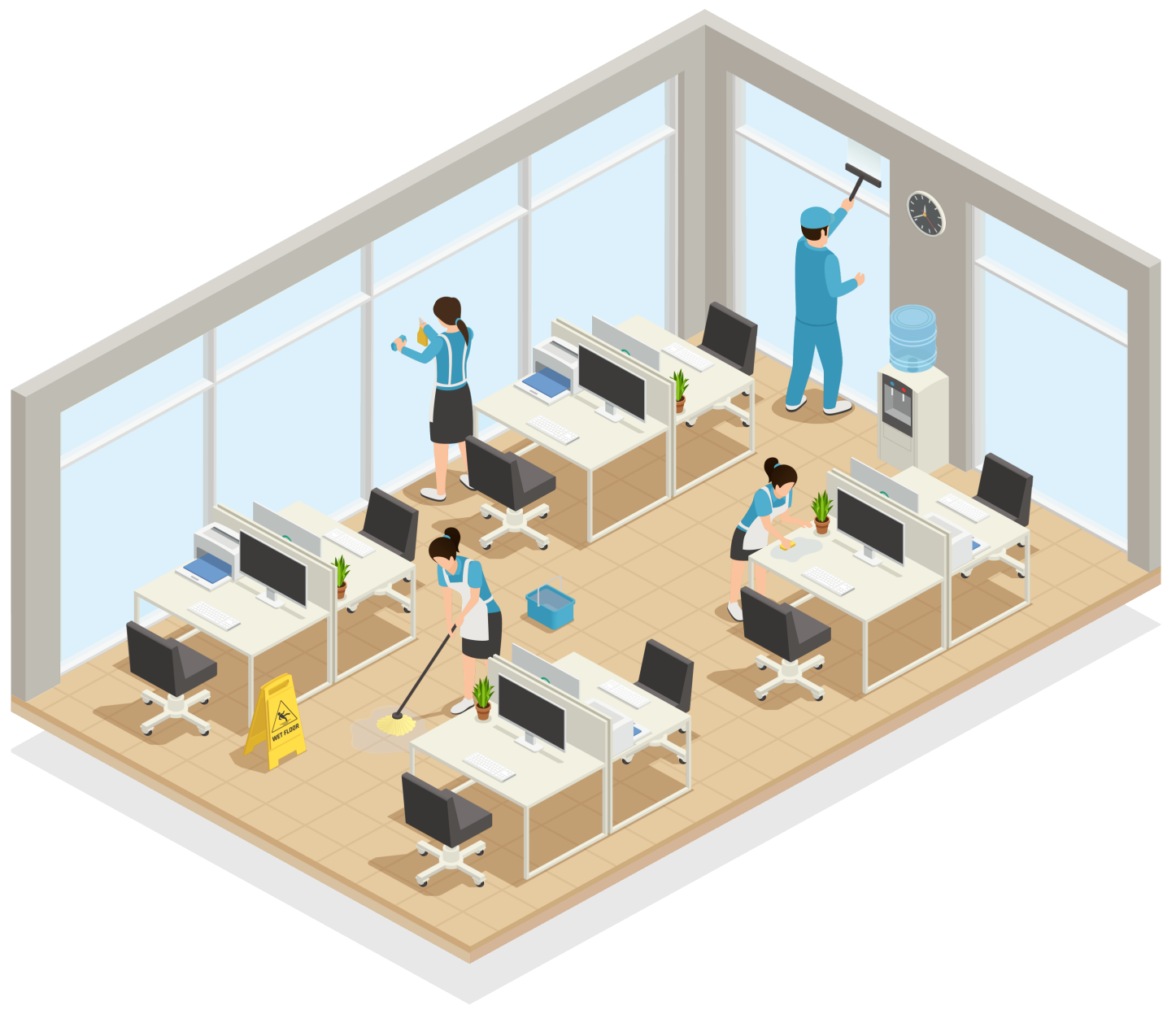 isometric cutaway illustration of an office with contract cleaning operatives in action