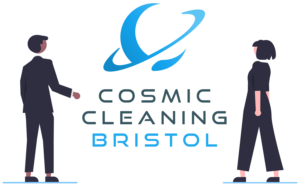Two Undraw people admiring the Cosmic Cleaning Bristol logo